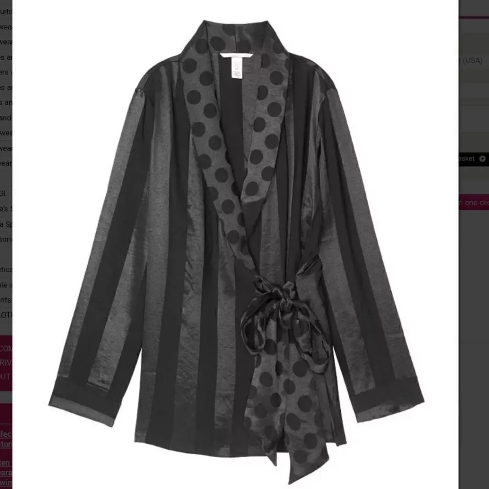 NWOT Victorias Secret Kimono Wrap Robe Black Satin Stripe Polka Dot Medium/Large